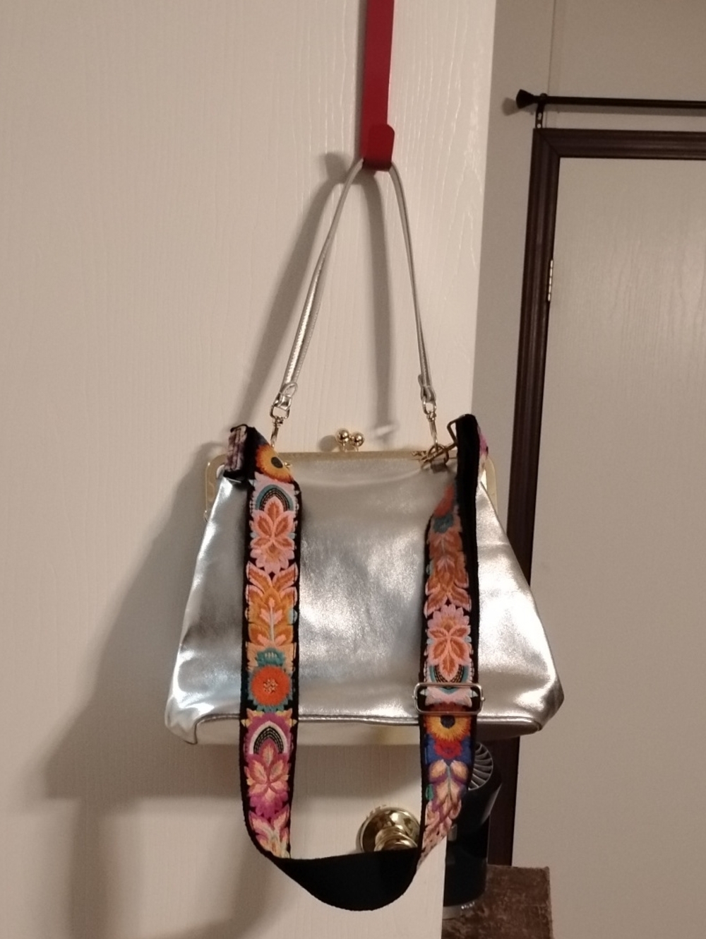 Silver Women's Frame Satchel with Embroidered Strap